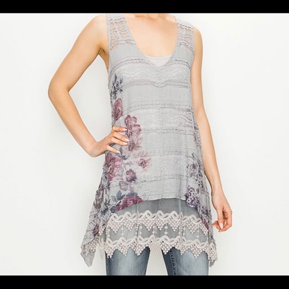 Origami Tops - Cottage core fashion Grey Lacey V Neck Tank Sm